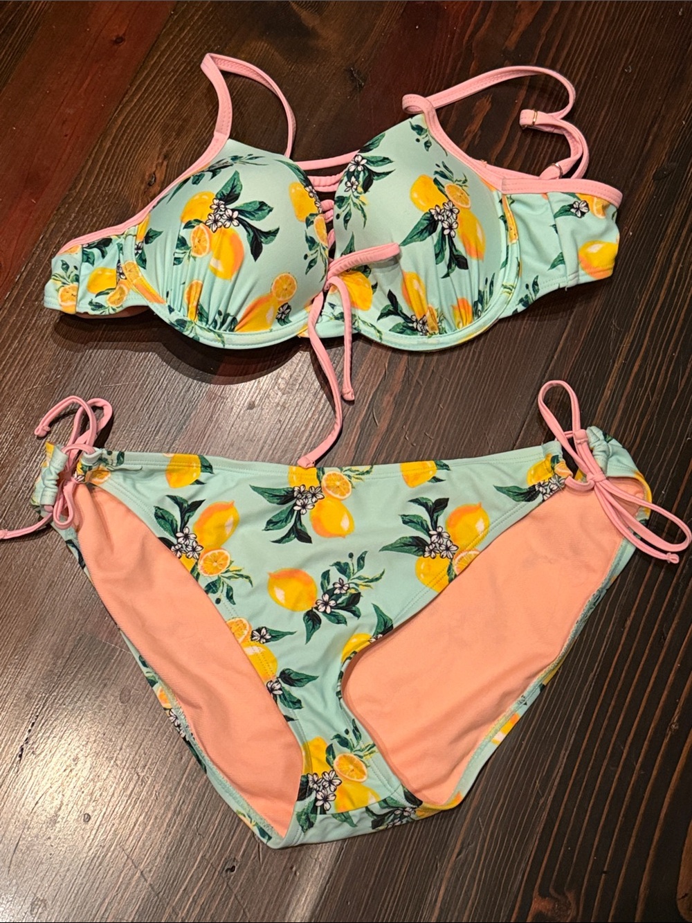 Women's Lemon Print Bikini with Pink Trim